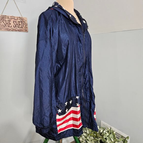 Vintage Blue Backpack Jacket Americana Flag Design Rain Windbreaker Patriotic XL - Picture 3 of 13